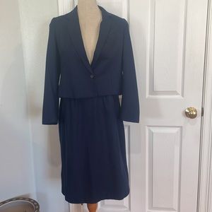 Vintage Wool skirt midi suit blazer jacket lined pockets Navy blue womens size S
